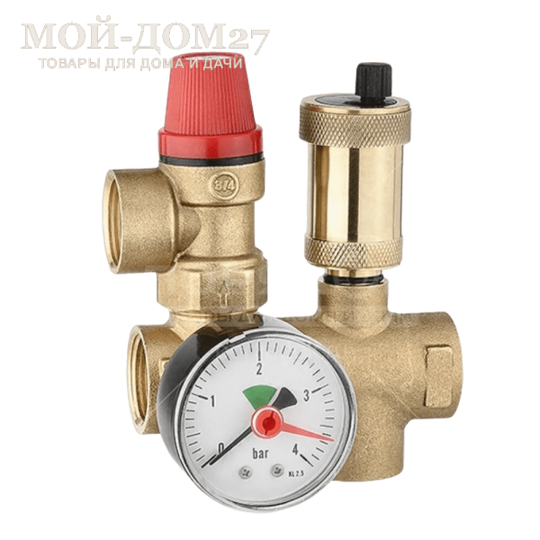 Группа безопасности котла проходная 3/4" (3 бар.) | Мой-Дом27 | Комплексная защита закрытой системы отопления от превышения максимально допустимого рабочего давления и отвода из неё воздуха, пара, газов<br>Используется в местах с ограниченным пространством<br>
Максимальное давление в системе приводящее к срабатыванию: 3 bar<br>
Температура рабочей среды: от -20°С до +95°С